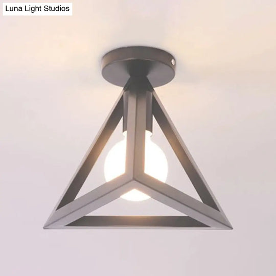 Retro Industrial Wire Cage Ceiling Light With Triangle Shade - 1 Head Metal Lamp In Black/Grey/White