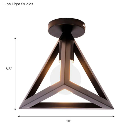 Retro Industrial Wire Cage Ceiling Light With Triangle Shade - 1 Head Metal Lamp In Black/Grey/White