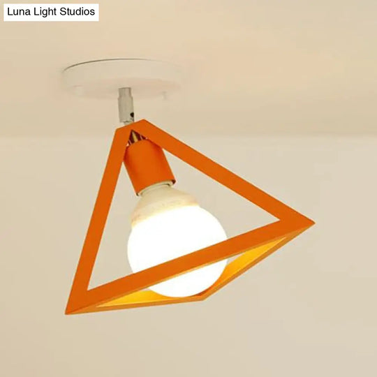 Retro Industrial Wire Cage Ceiling Light With Triangle Shade - 1 Head Metal Lamp In Black/Grey/White