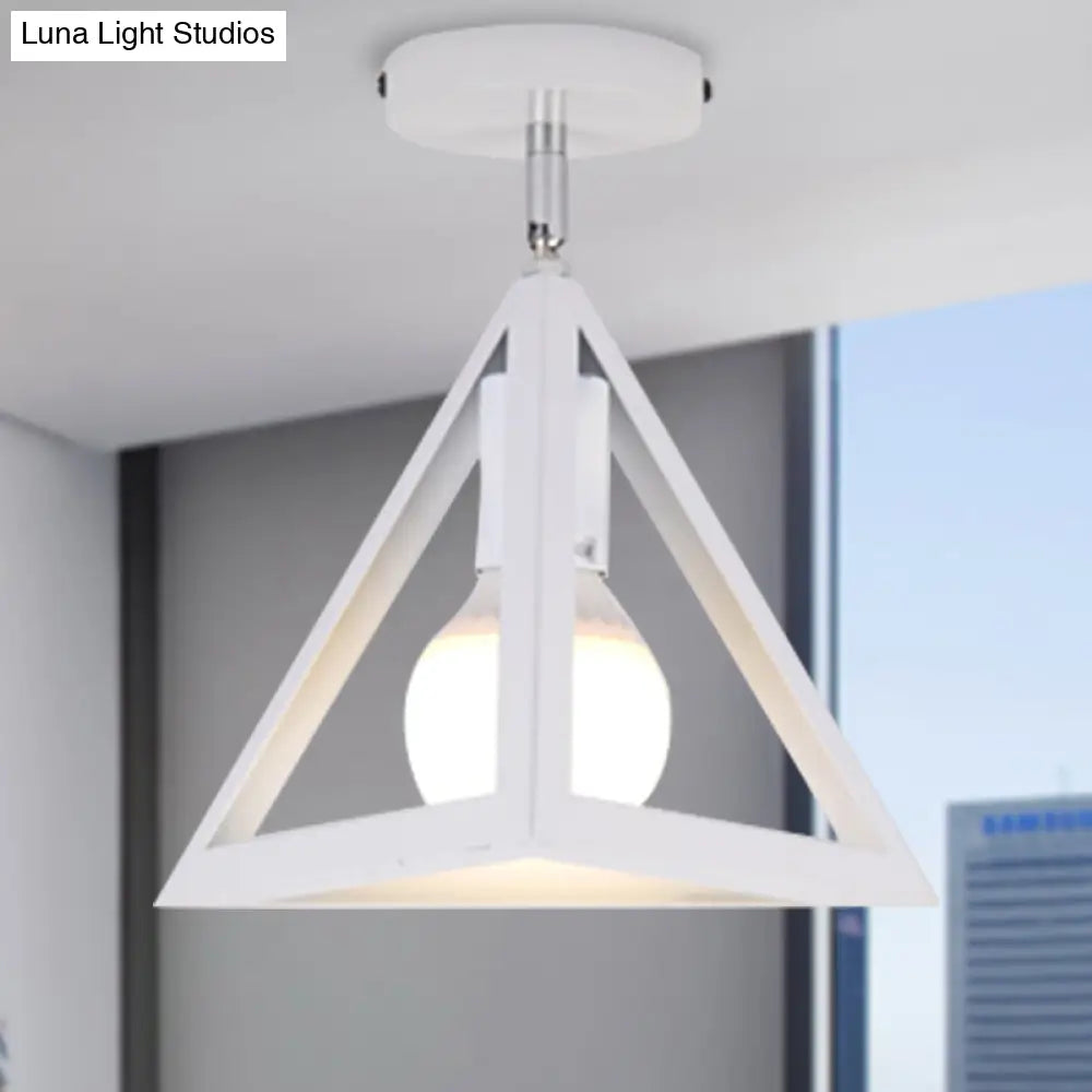 Retro Industrial Wire Cage Ceiling Light With Triangle Shade - 1 Head Metal Lamp In Black/Grey/White