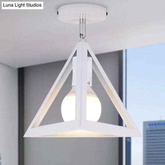 Retro Industrial Wire Cage Ceiling Light With Triangle Shade - 1 Head Metal Lamp In Black/Grey/White