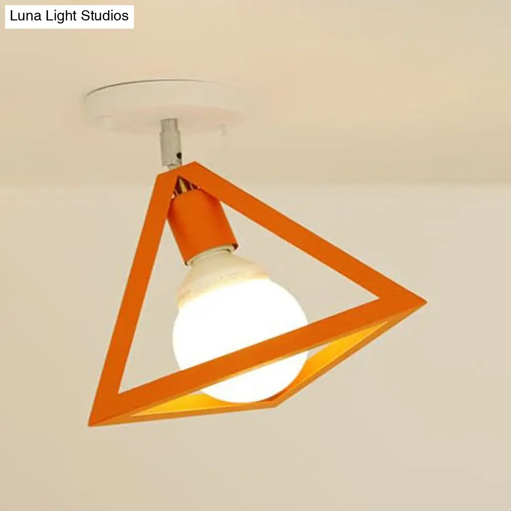 Retro Industrial Wire Cage Ceiling Light With Triangle Shade - 1 Head Metal Lamp In Black/Grey/White
