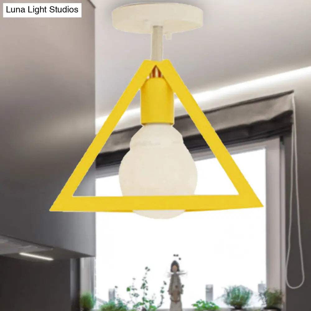 Retro Industrial Wire Cage Ceiling Light With Triangle Shade - 1 Head Metal Lamp In Black/Grey/White