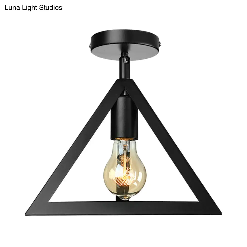 Retro Industrial Wire Cage Ceiling Light With Triangle Shade - 1 Head Metal Lamp In Black/Grey/White