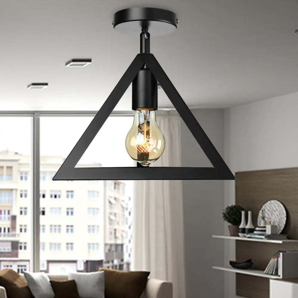 Retro Industrial Wire Cage Ceiling Light With Triangle Shade - 1 Head Metal Lamp In