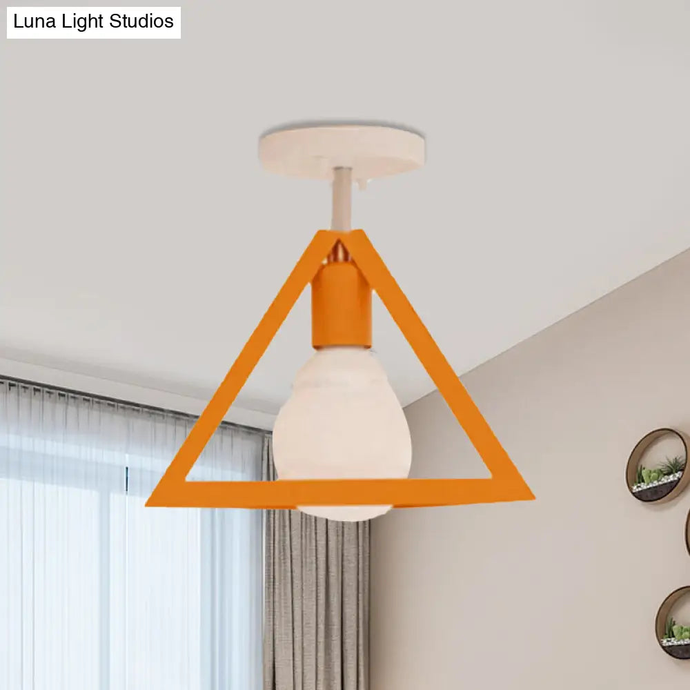 Retro Industrial Wire Cage Ceiling Light With Triangle Shade - 1 Head Metal Lamp In Black/Grey/White