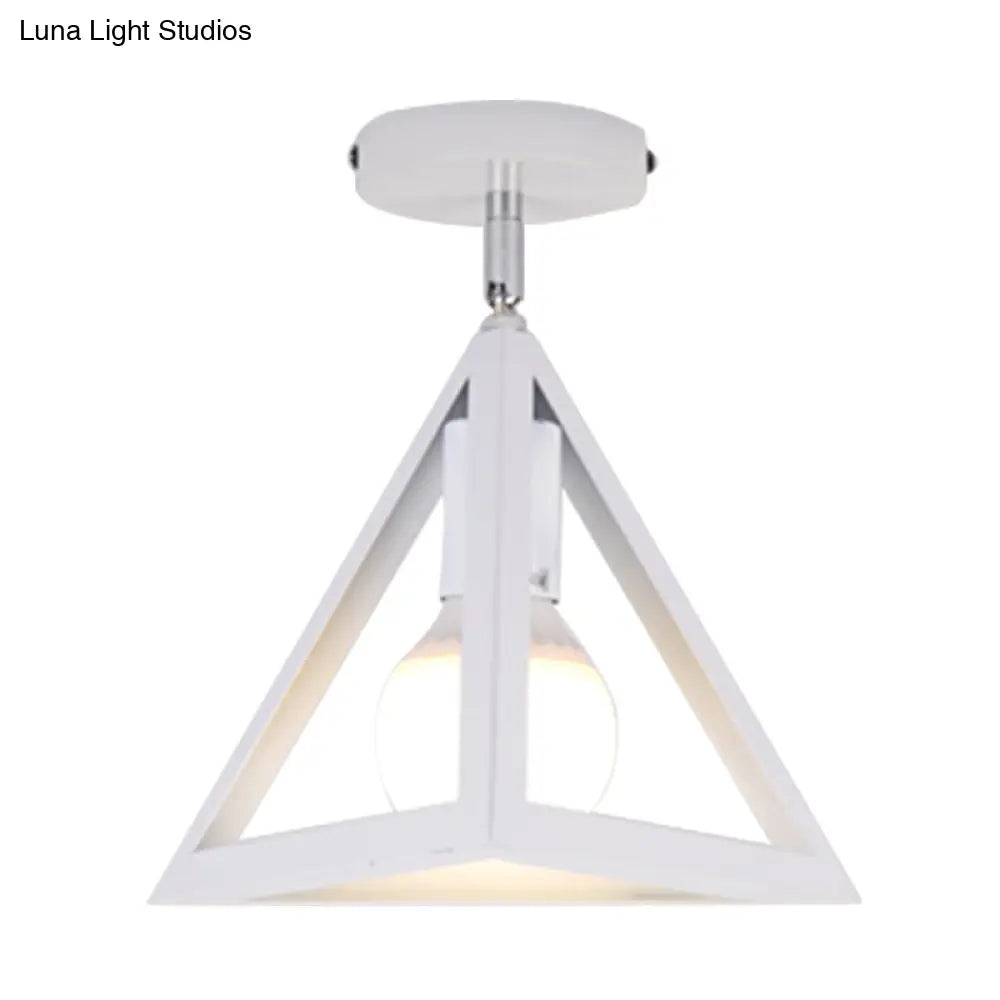 Retro Industrial Wire Cage Ceiling Light With Triangle Shade - 1 Head Metal Lamp In Black/Grey/White