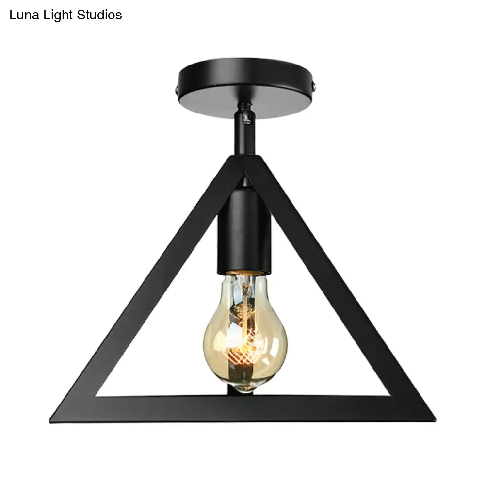 Retro Industrial Wire Cage Ceiling Light With Triangle Shade - 1 Head Metal Lamp In Black/Grey/White