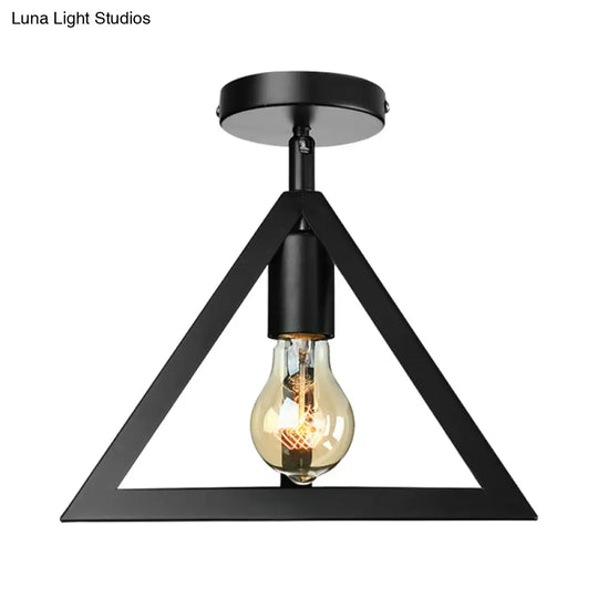 Retro Industrial Wire Cage Ceiling Light With Triangle Shade - 1 Head Metal Lamp In Black/Grey/White
