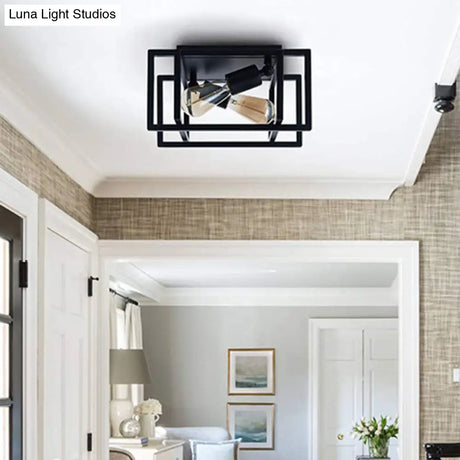 Retro Industrial Wrought Iron Ceiling Light With Black Frame