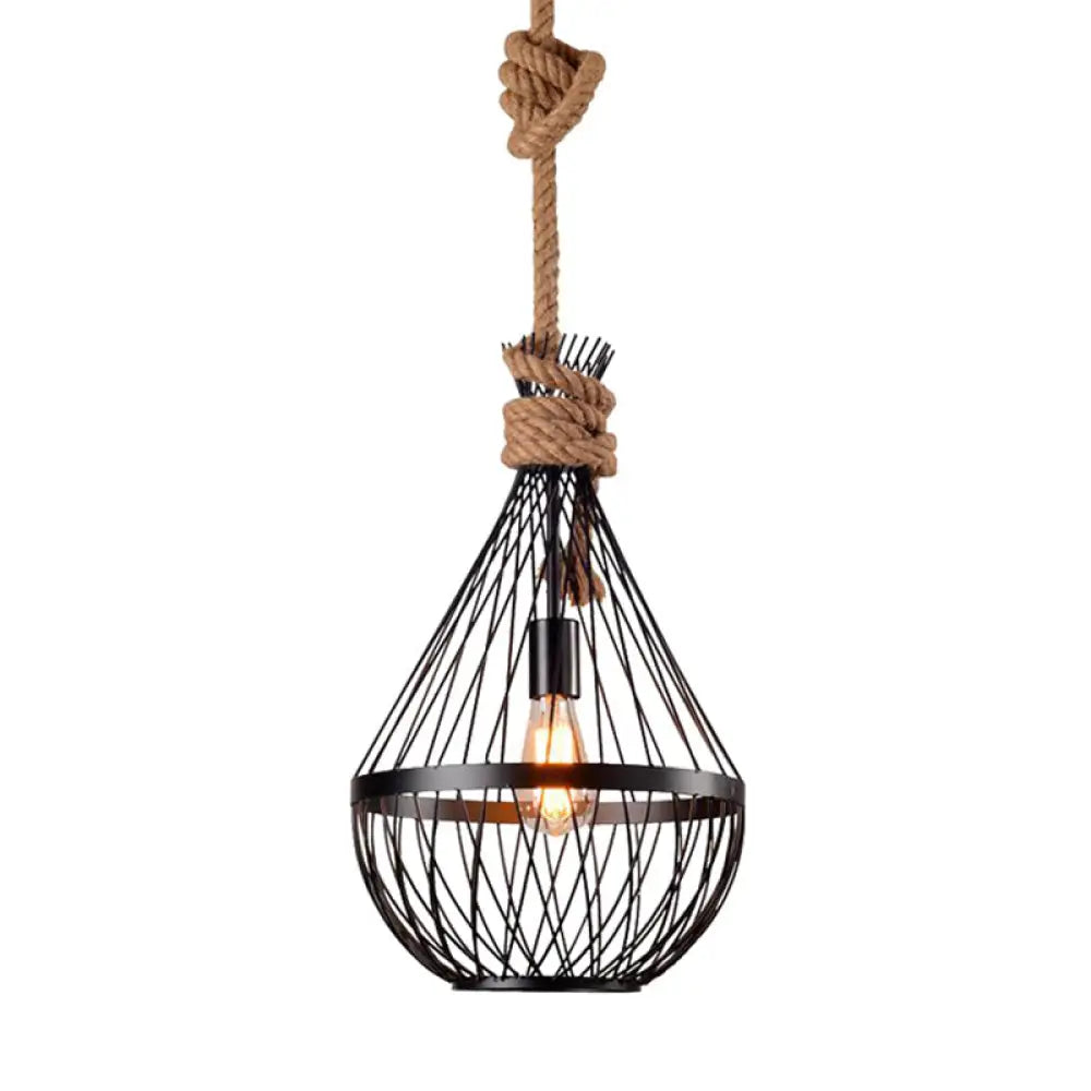 Retro Iron Pear-Shaped Suspension Lighting With Hemp Rope In Black Pendant