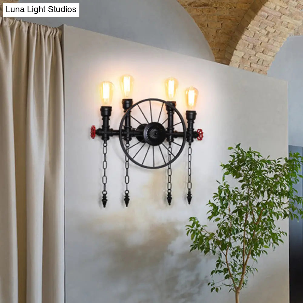 Retro Iron Piping Wall Light With Valve Decor For Wagon Wheel Restaurant In Black