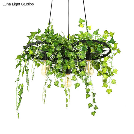 Retro Iron Wagon Wheel Chandelier - Black 1/3/6 Light Hanging Pendant With Decorative Plant