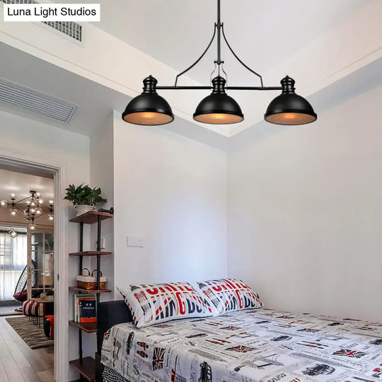 Retro Island Lighting: Metallic Black Hanging Fixture With Dome Shade Glass Diffuser And 3 Bulb