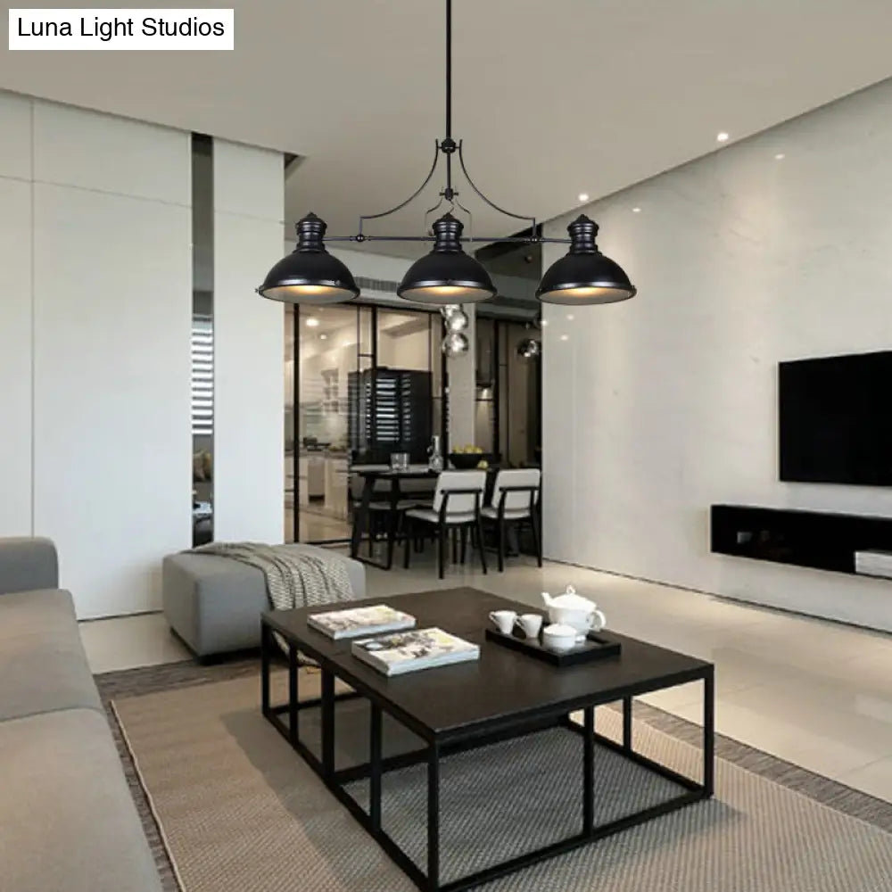 Retro Island Lighting: Metallic Black Hanging Fixture With Dome Shade Glass Diffuser And 3 Bulb
