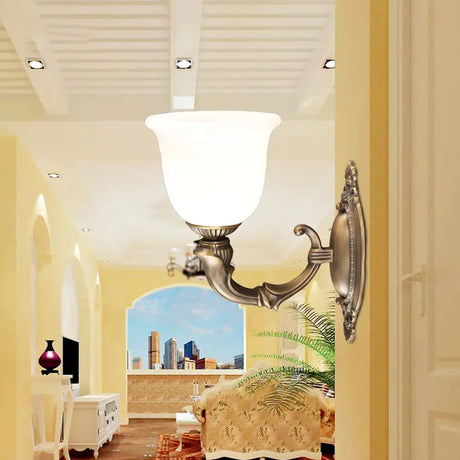 Retro Ivory Glass Bell Wall Lamp - Bronze 1-Bulb Sconce Light Fixture For Aisle