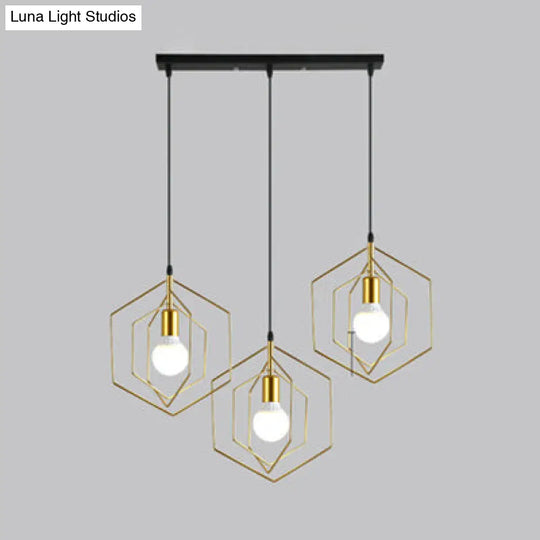 Retro Loft 3-Light Hexagon Metal Suspension Pendant In Gold / Linear