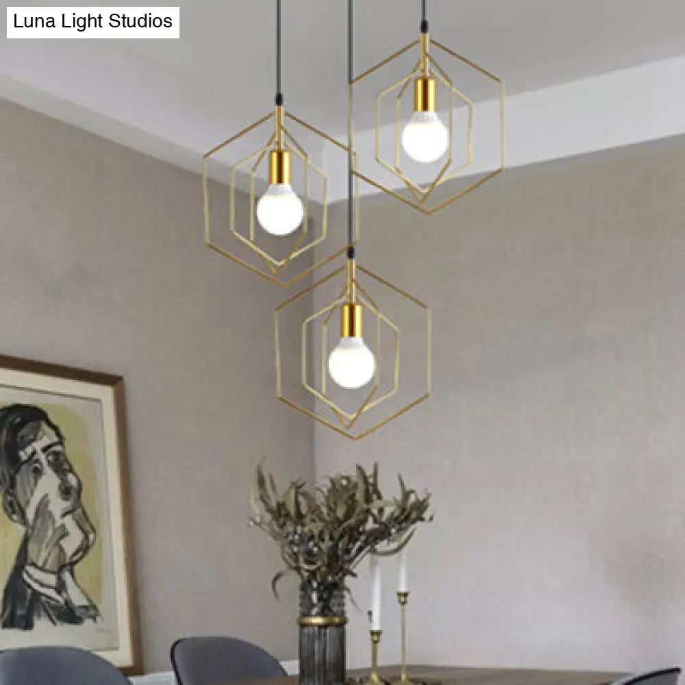 Retro Loft 3-Light Hexagon Metal Suspension Pendant In Gold