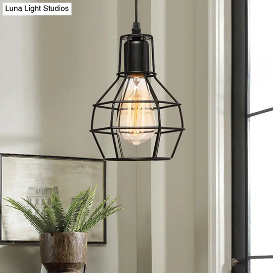 Retro Loft Black Metal Hanging Ceiling Light - 1 Bulb Plug In Suspension With Globe Cage Shade