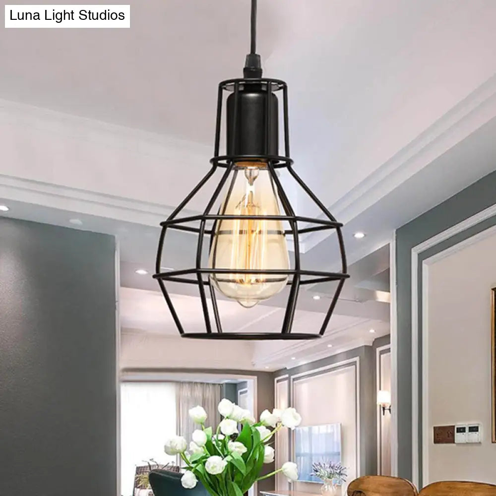 Retro Loft Black Metal Hanging Ceiling Light With Globe Cage Shade - Plug-In Suspension