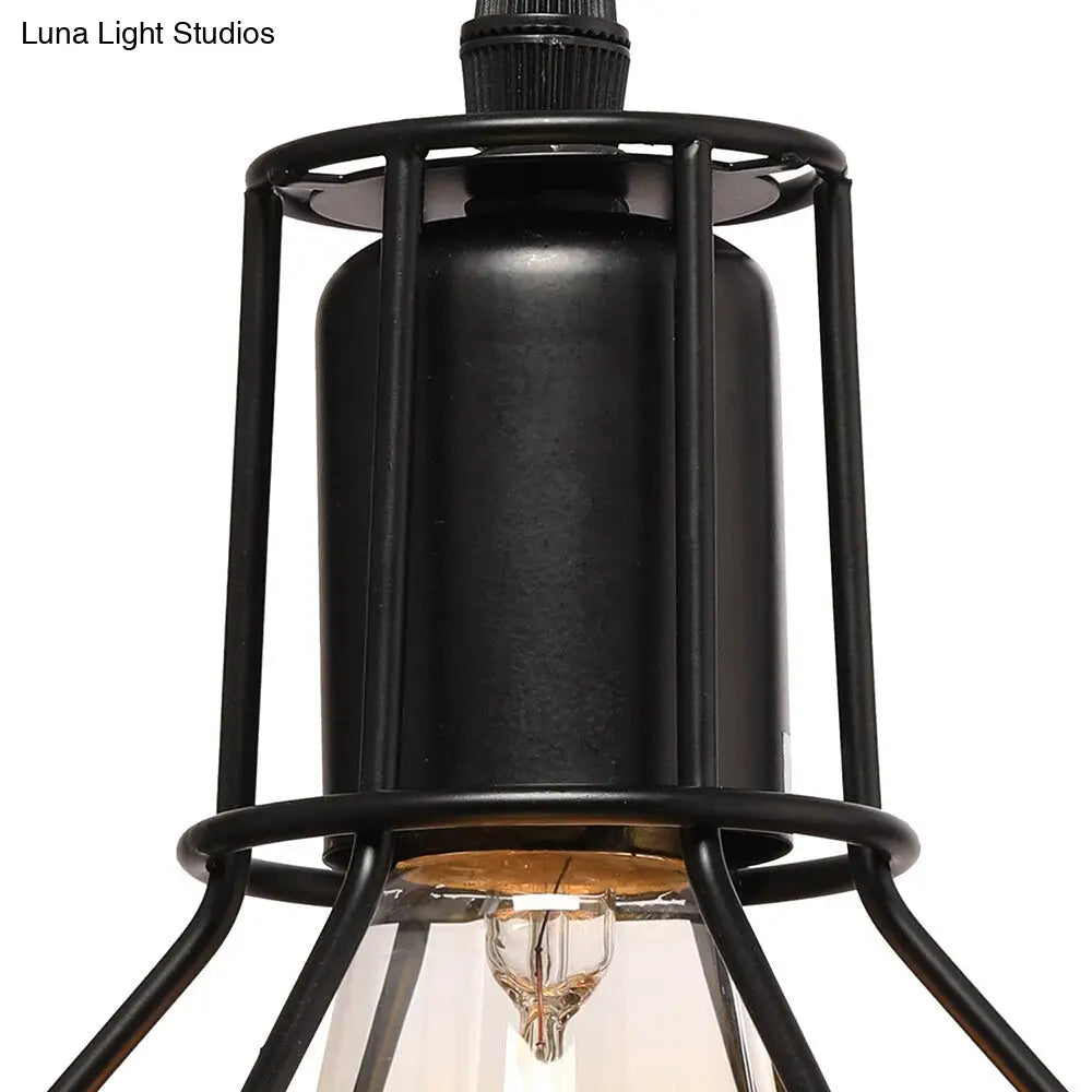 Retro Loft Black Metal Hanging Ceiling Light - 1 Bulb Plug In Suspension With Globe Cage Shade