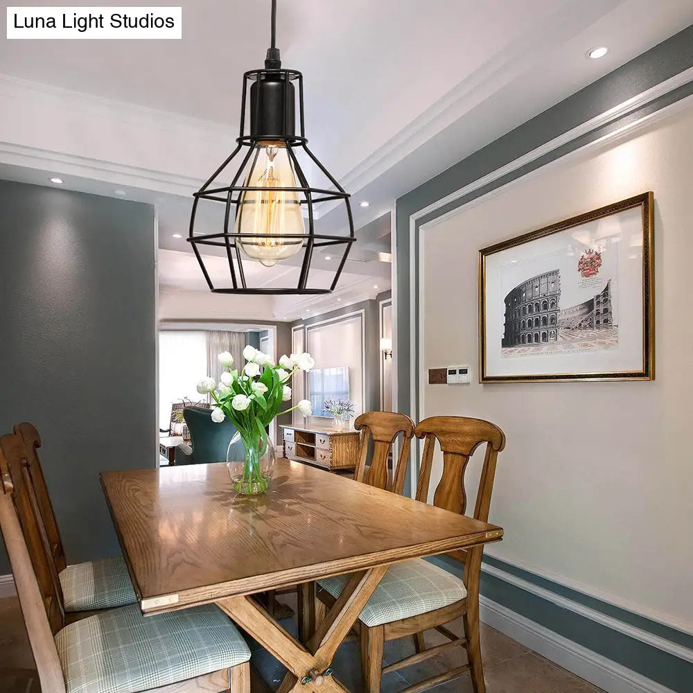 Retro Loft Black Metal Hanging Ceiling Light With Globe Cage Shade - Plug-In Suspension