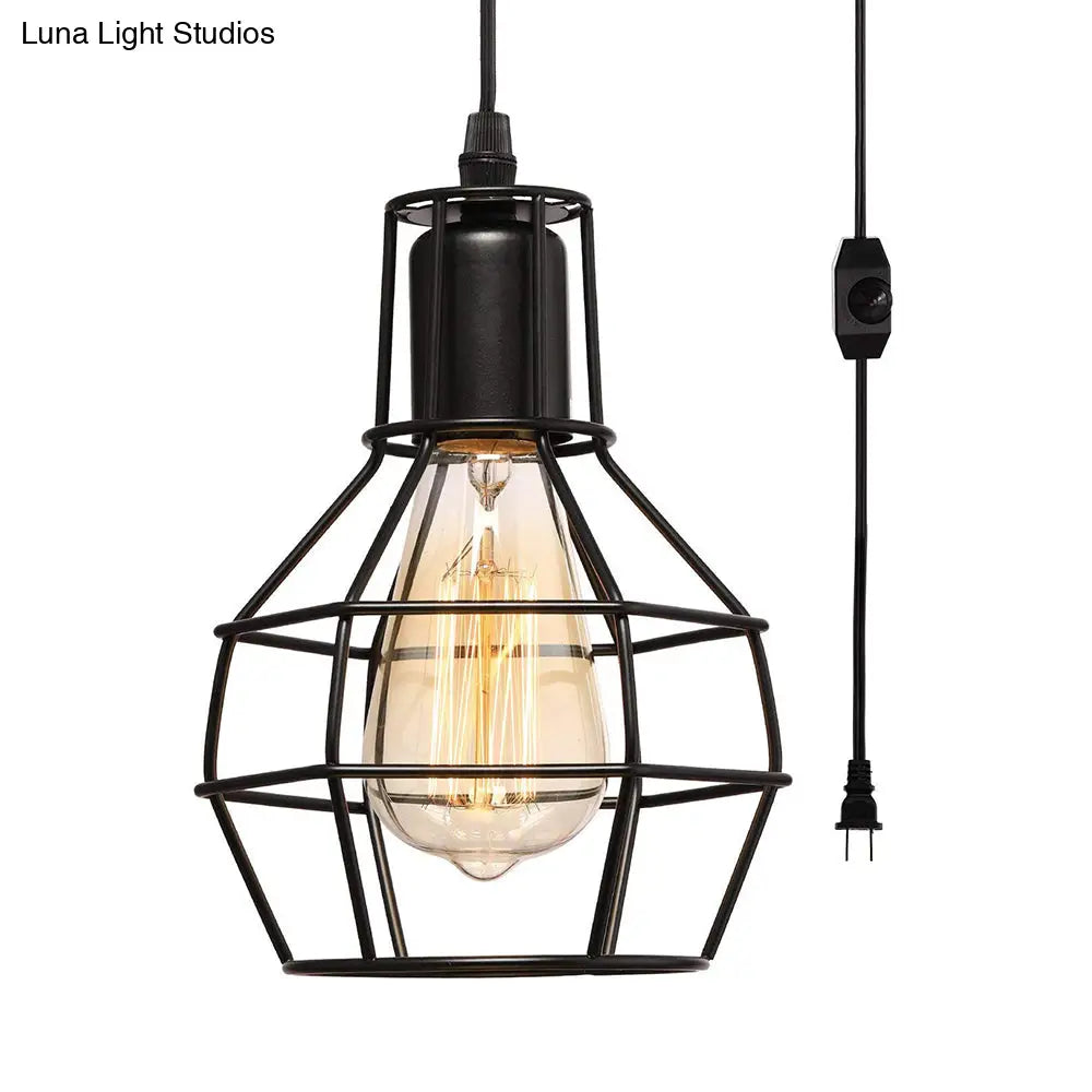 Retro Loft Black Metal Hanging Ceiling Light With Globe Cage Shade - Plug-In Suspension