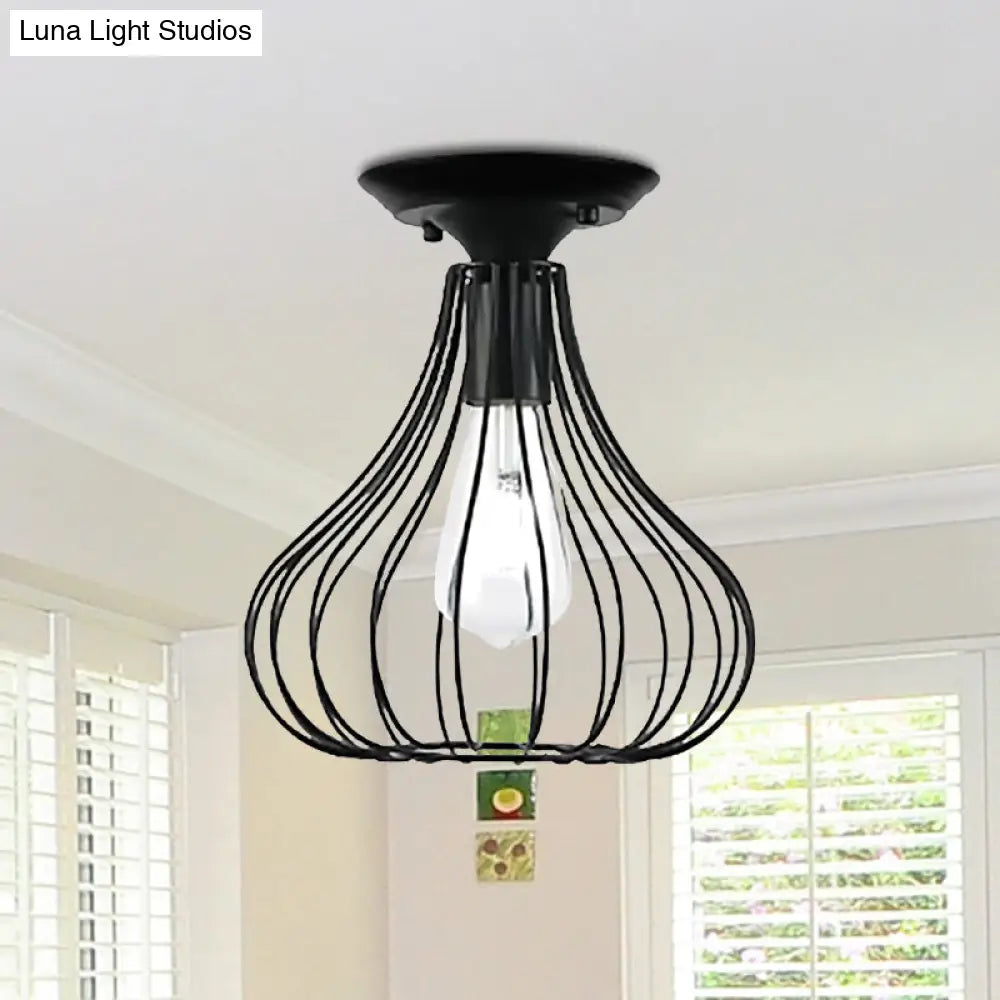 Retro Loft Globe/Pear Cage Ceiling Fixture - Metallic Semi-Flush Mount Light In Black For Hallway