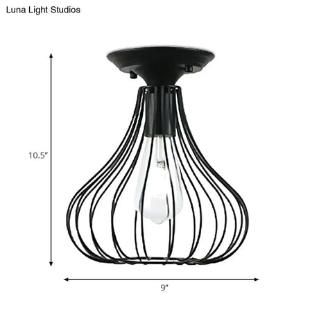 Retro Loft Globe/Pear Cage Ceiling Fixture - Metallic Semi-Flush Mount Light In Black For Hallway