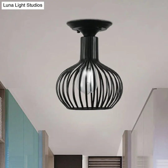 Retro Loft Globe/Pear Cage Ceiling Fixture - Metallic Semi-Flush Mount Light In Black For Hallway
