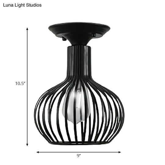 Retro Loft Globe/Pear Cage Ceiling Fixture - Metallic Semi-Flush Mount Light In Black For Hallway