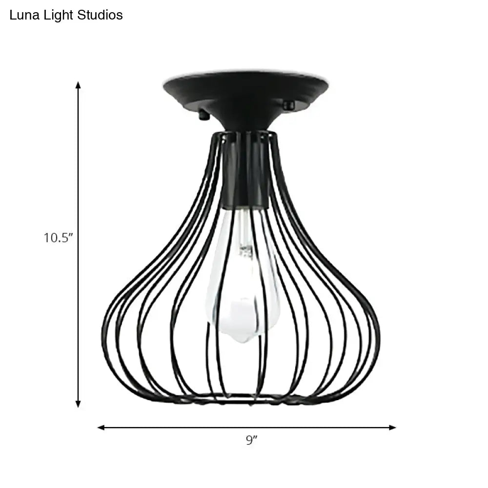 Retro Loft Globe/Pear Cage Ceiling Fixture - Metallic Semi-Flush Mount Light In Black For Hallway