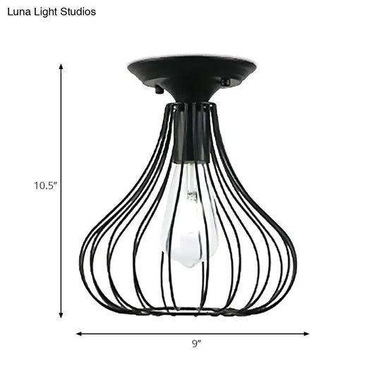 Retro Loft Globe/Pear Cage Ceiling Fixture - Metallic Semi-Flush Mount Light In Black For Hallway