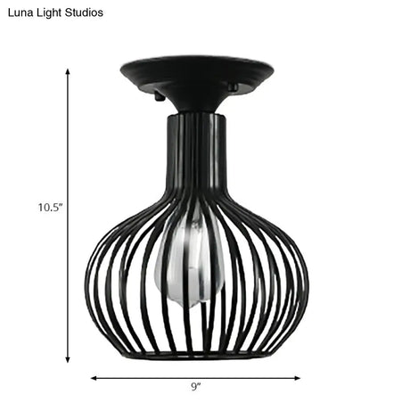 Retro Loft Globe/Pear Cage Ceiling Fixture - Metallic Semi-Flush Mount Light In Black For Hallway