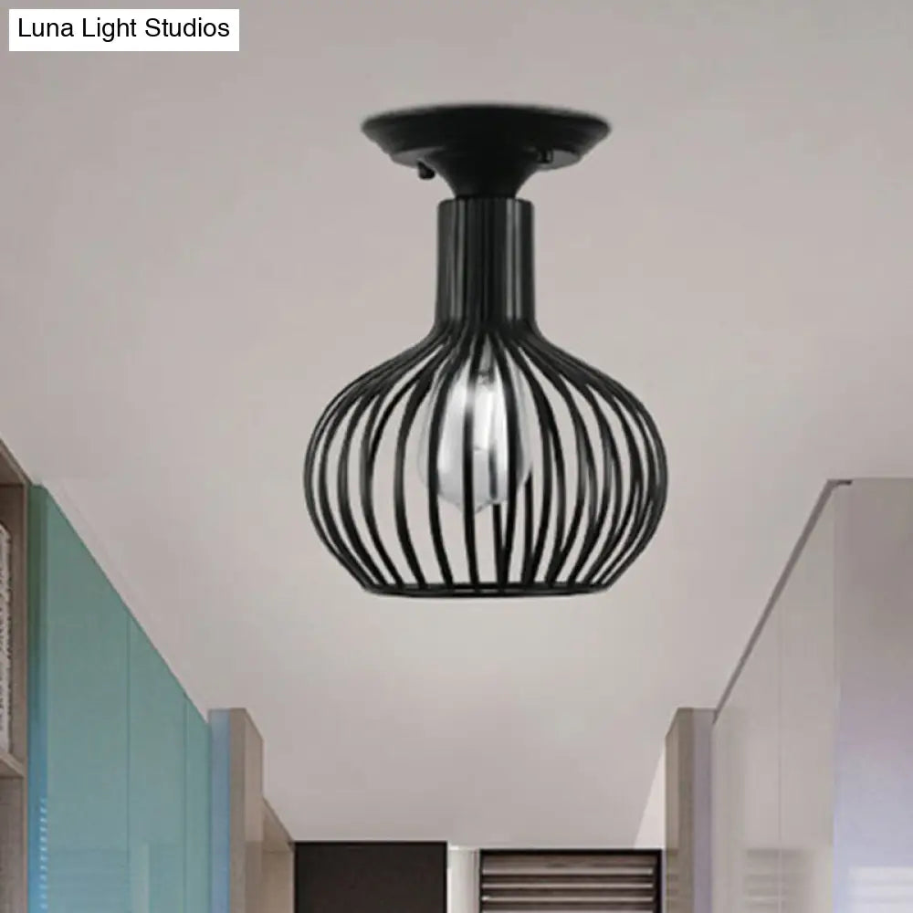 Retro Loft Globe/Pear Cage Ceiling Fixture - Metallic Semi-Flush Mount Light In Black For Hallway