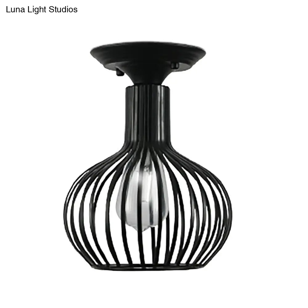 Retro Loft Globe/Pear Cage Ceiling Fixture - Metallic Semi-Flush Mount Light In Black For Hallway
