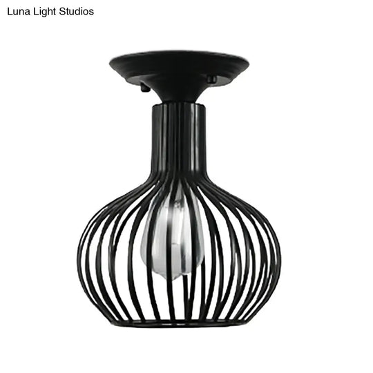Retro Loft Globe/Pear Cage Ceiling Fixture - Metallic Semi-Flush Mount Light In Black For Hallway