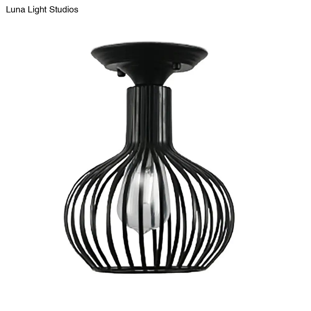 Retro Loft Globe/Pear Cage Ceiling Fixture - Metallic Semi-Flush Mount Light In Black For Hallway