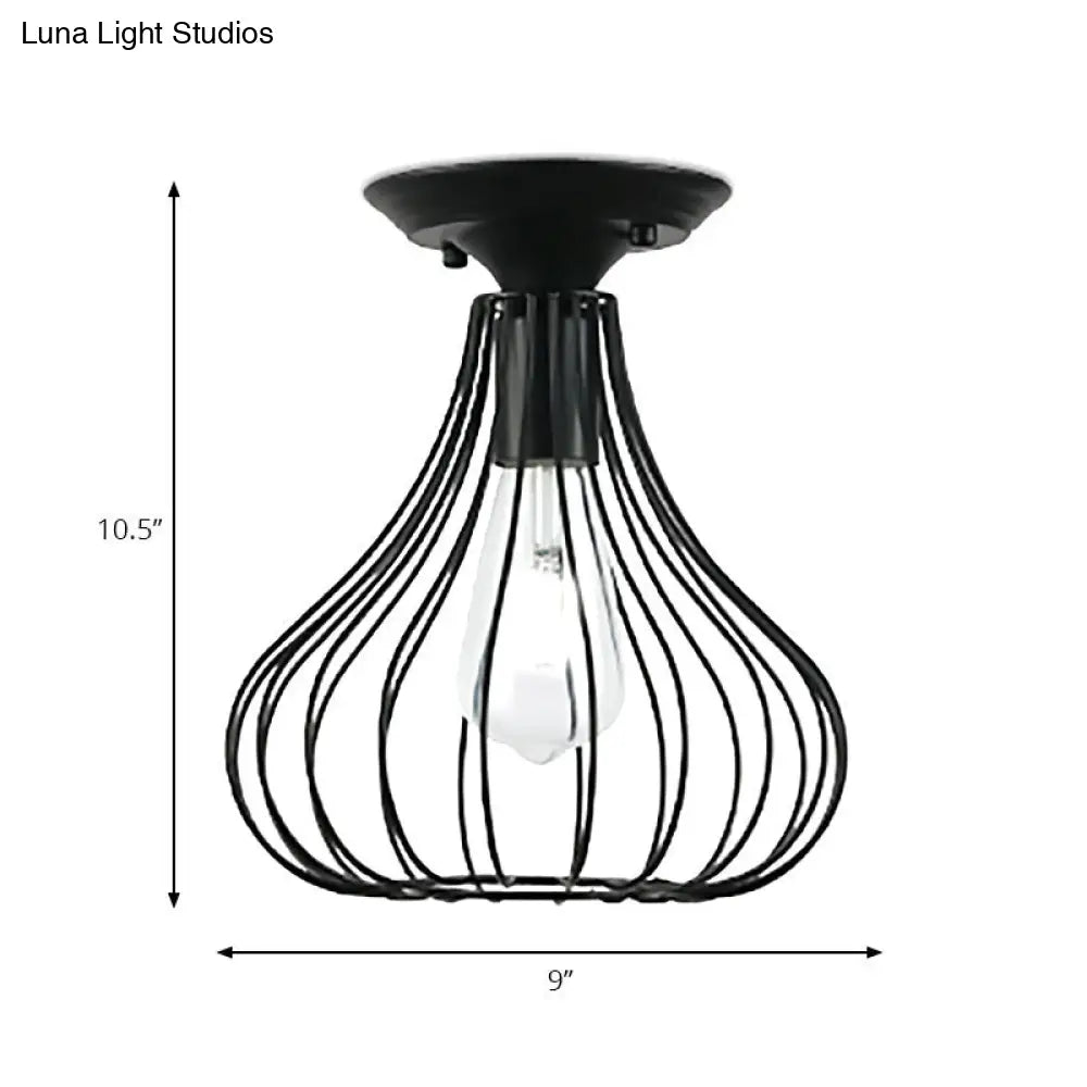 Retro Loft Globe/Pear Cage Ceiling Fixture - Metallic Semi-Flush Mount Light In Black For Hallway
