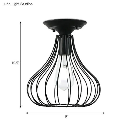 Retro Loft Globe/Pear Cage Ceiling Fixture - Metallic Semi-Flush Mount Light In Black For Hallway