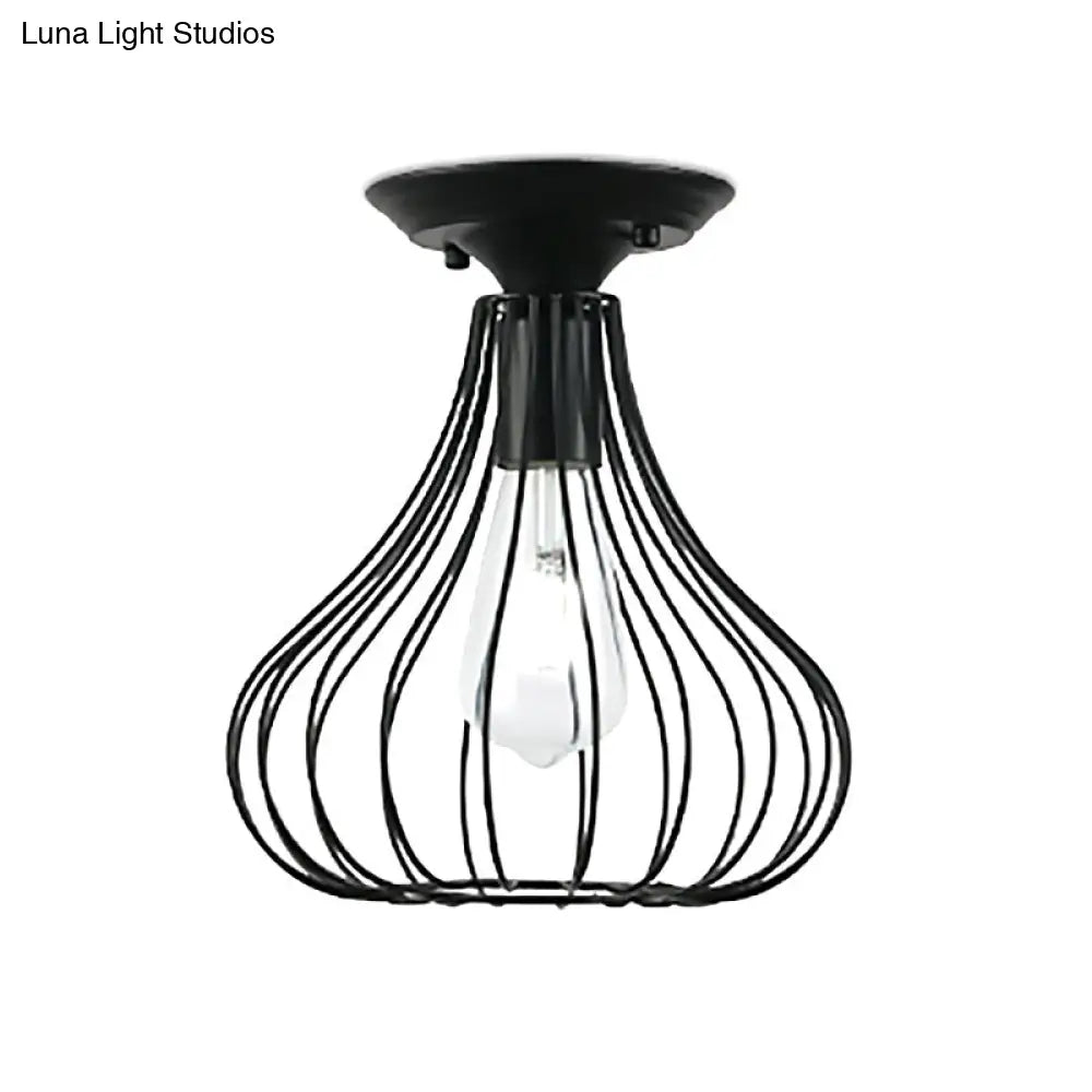 Retro Loft Globe/Pear Cage Ceiling Fixture - Metallic Semi-Flush Mount Light In Black For Hallway