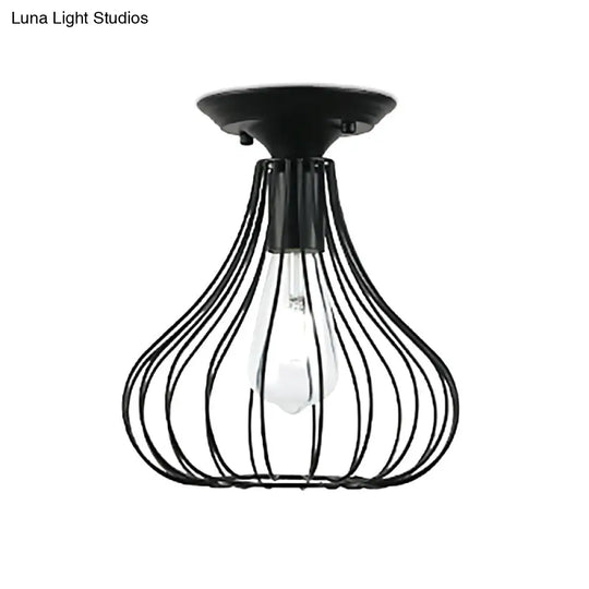 Retro Loft Globe/Pear Cage Ceiling Fixture - Metallic Semi-Flush Mount Light In Black For Hallway