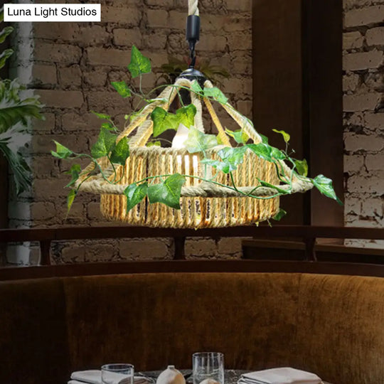 Retro Metal 1-Head Yellow Led Pendant Ceiling Light With Plant Decor - House Restaurant