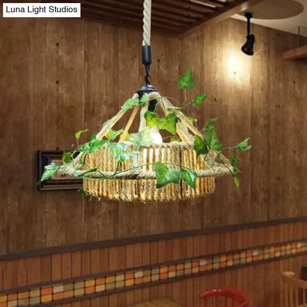 Retro Metal Pendant Light With Yellow Led And Plant Decor - Perfect For House Restaurant Ceilings