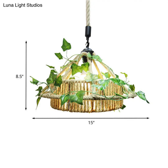 Retro Metal Pendant Light With Yellow Led And Plant Decor - Perfect For House Restaurant Ceilings