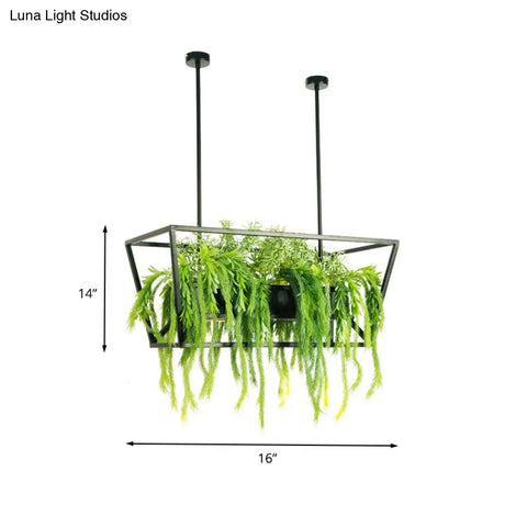 Retro Metal 2-Headed Black Led Drop Lamp For Restaurant Island Ceiling - Trapezoid Design With Plant
