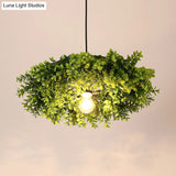 Retro Metal Ceiling Light With Exposed Bulb And Plant Decor - Black Finish