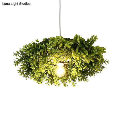 Retro Metal Ceiling Light With Exposed Bulb And Plant Decor - Black Finish