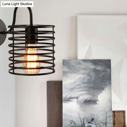 Retro Metal Cylinder Caged Wall Lamp With Gooseneck Arm - Black 8.5/9.5 Width / 9.5