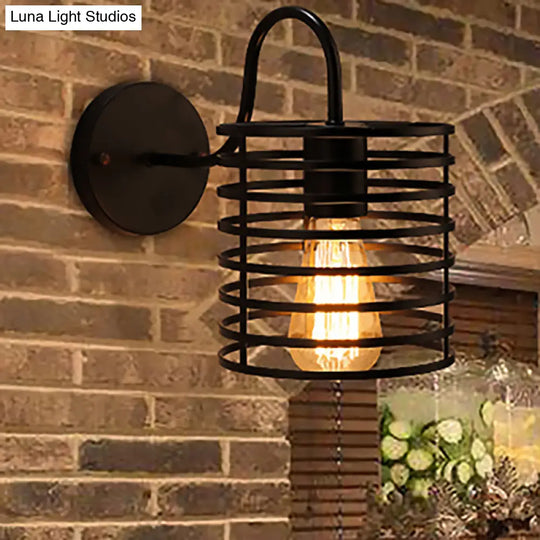 Retro Metal Cylinder Caged Wall Lamp With Gooseneck Arm - Black 8.5/9.5 Width / 8.5